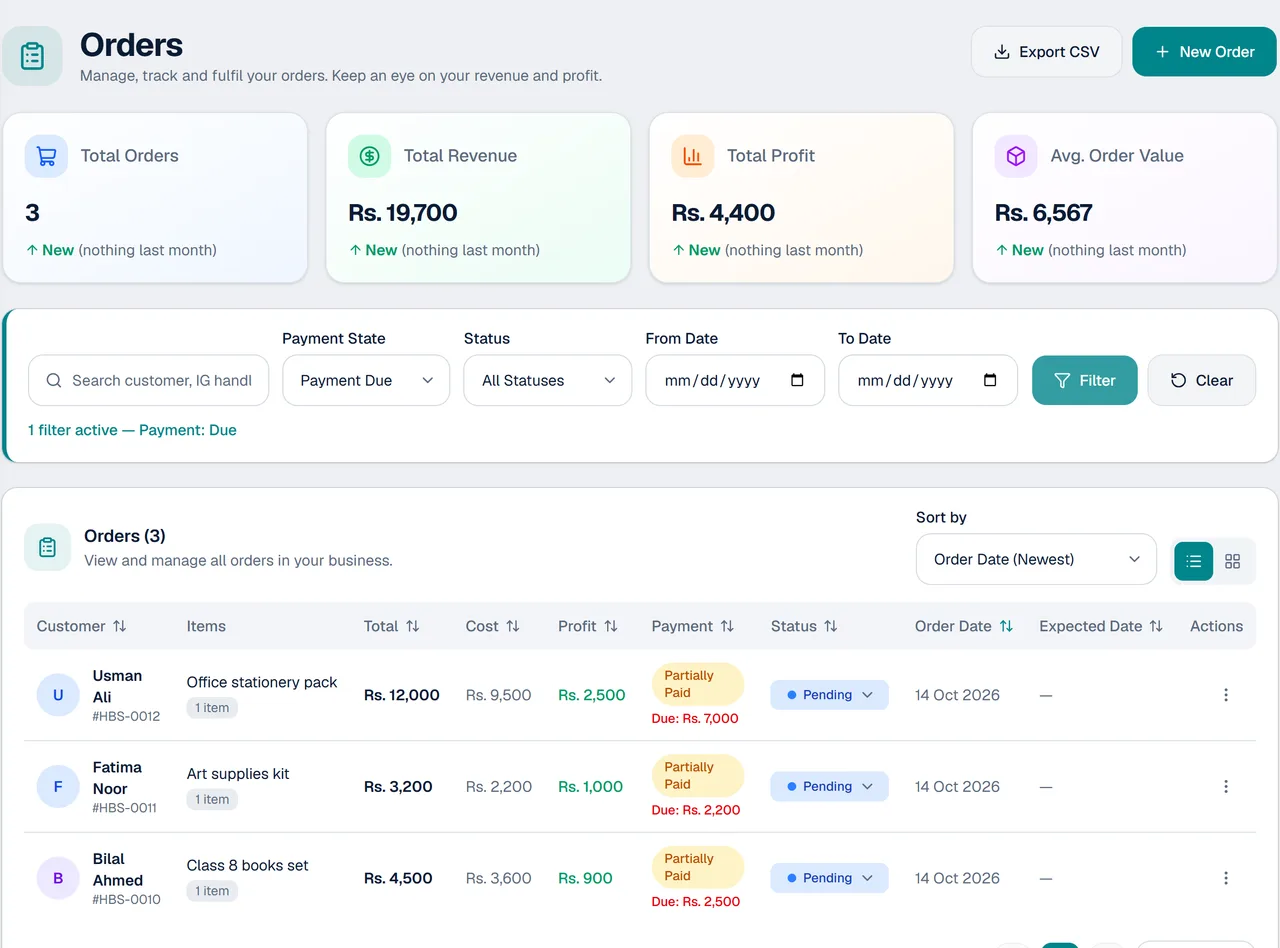 The Orders screen in KarobarDesk filtered to Payment Due: three part-paid orders, each showing the customer and the amount still due