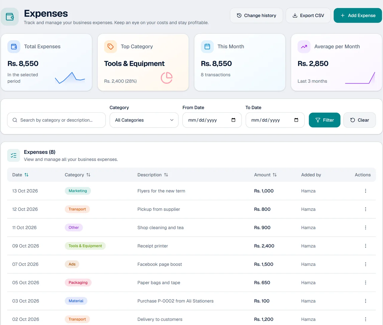 The Expenses screen in KarobarDesk: total, top category and monthly figures above a list of expenses with category, amount and who added each one