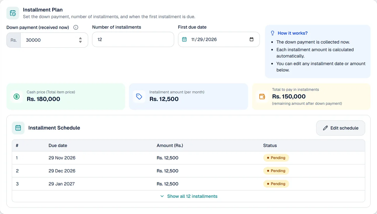 The Installment Plan of a new sale in KarobarDesk: a Rs. 180,000 bike with a Rs. 30,000 down payment, 12 monthly installments of Rs. 12,500 and the schedule of due dates