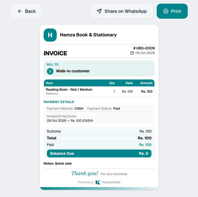An invoice in KarobarDesk: shop logo, items, payments received and balance due, with Print and Share on WhatsApp buttons