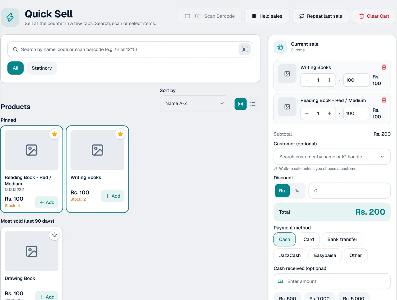 The Quick Sell screen in KarobarDesk: product tiles on the left, the current sale with two items and a Complete sale button on the right