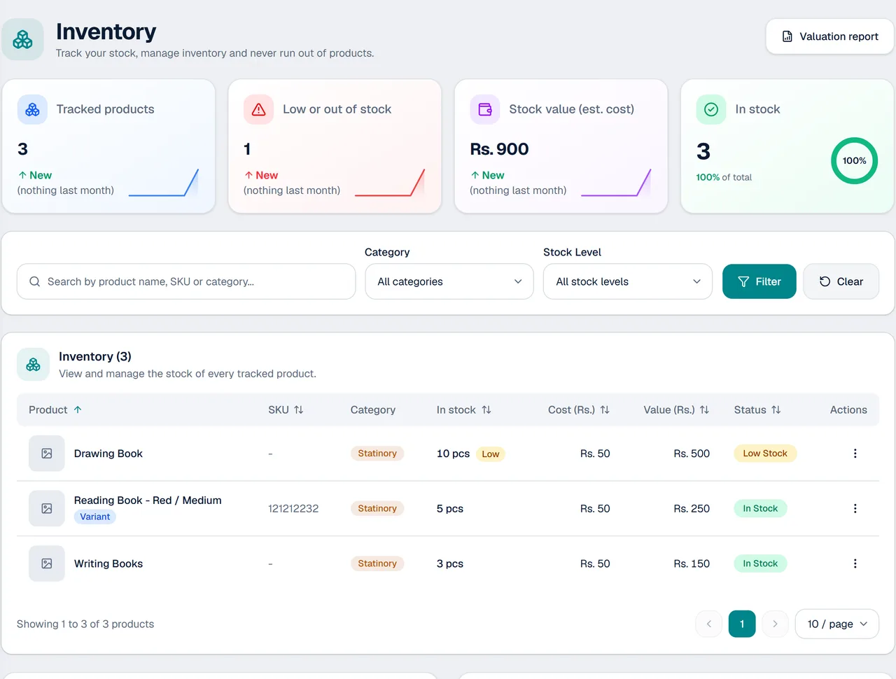 The Inventory screen in KarobarDesk: tracked products, a low-stock alert, stock value and the stock level of every product