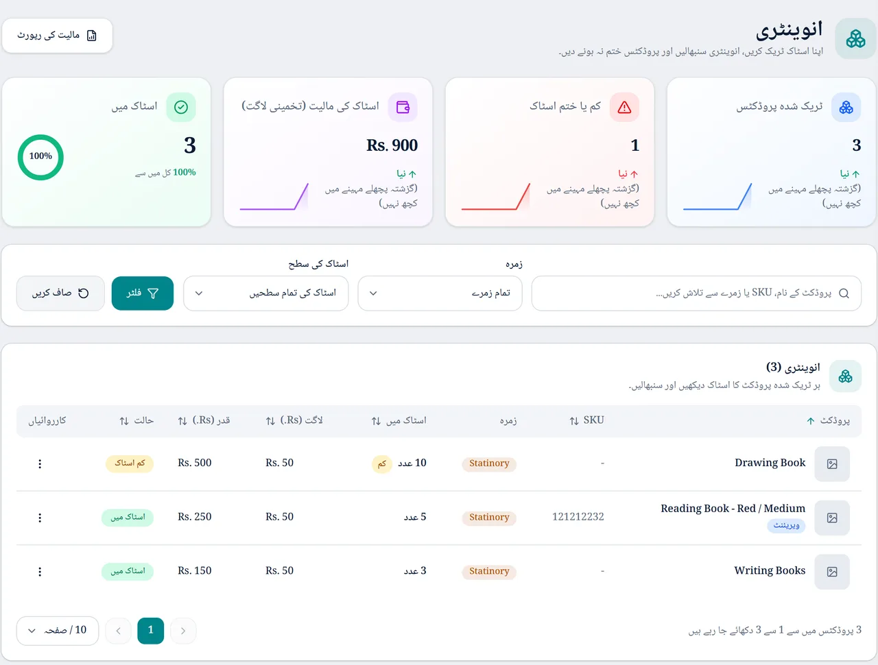 کاروبار ڈیسک کی انونٹری اسکرین: ٹریک شدہ مصنوعات، کم اسٹاک کی اطلاع، اسٹاک کی مالیت اور ہر پروڈکٹ کا اسٹاک